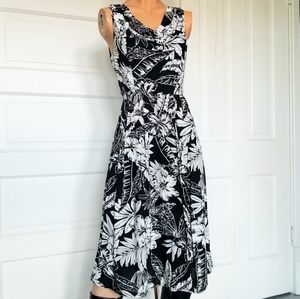 Modcloth cowl neck B&W Hawaiian-print dress